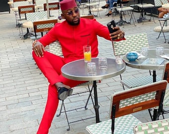 Red suit, African wedding suit, Groomsmen suit, Groom's suit, traditional wedding suit, senator suit, Agbada, men's kaftan, Dashiki shirt