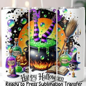 May include: A white tumbler featuring a Halloween-themed design. The design includes a witch's cauldron with bubbling green potion, witch legs, potion bottles, a broom, and the text "Happy Halloween".