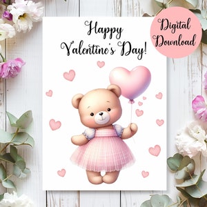 Biglietto di auguri stampabile per San Valentino, biglietto di San Valentino con orsetto rosa, palloncino e cuori, download digitale, biglietti di San Valentino, biglietto di San Valentino fai da te
