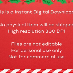 May include: A red background with white text that reads "This is a Instant Digital Download." The image also states "No physical item will be shipped," "High resolution 300 DPI," "Files are not editable," "For personal use only," and "Not for commercial use."