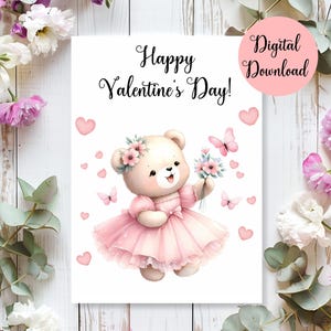 Printable Happy Valentine's Day Card, Valentine Teddy Bear Card, Digital Download, Valentine Cards, DIY Valentine Card, Classroom Valentines