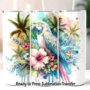 Tropical Parrot Floral Tumbler Transfer – 20oz Skinny Sublimation Wrap – Ready to Press