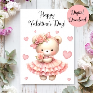 Carte imprimable Happy Valentine's Day, carte de la Saint-Valentin ours en peluche, téléchargement numérique, cartes de la Saint-Valentin, carte de la Saint-Valentin bricolage, Saint-Valentin de la salle de classe