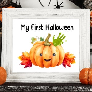 Créations artistiques d'empreinte de main citrouille d'Halloween, premier Halloween de bébé, 1er Halloween bricolage de bébé, Art de l'empreinte de pas, Art de l'empreinte de main d'Halloween