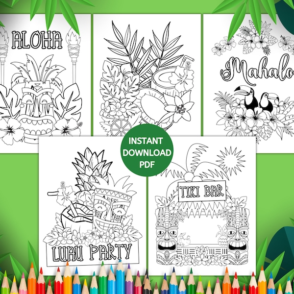 Luau Party Coloring Pages, Hawaiian Luau Coloring Pages, Summer Coloring Pages, Instant Download, Luau Party Activity Coloring Pages