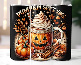Pumpkin Spice Vibes Autumn Coffee Tumbler Transfer – 20oz Skinny Sublimation Wrap – Ready to Press