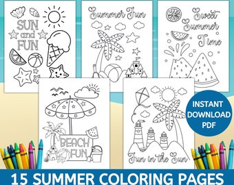 Kids Summer Coloring Pages, 15 Printable Summer Coloring Pages, Summer Coloring Sheets, Kids Summer Camp Activity, Fun Summer Coloring Pages