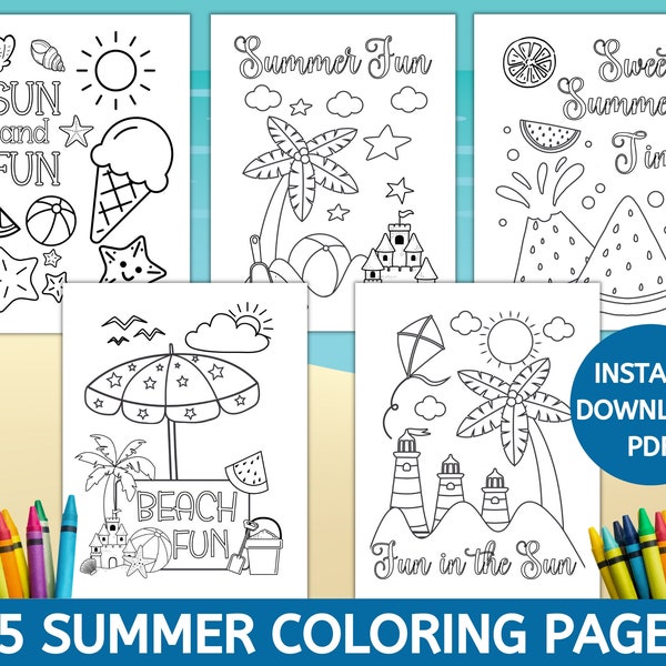 Summer Coloring Pages, 15 Printable Summer Coloring Pages for Kids, Summer Coloring Sheets, Instant Download, Kids Summer Activity