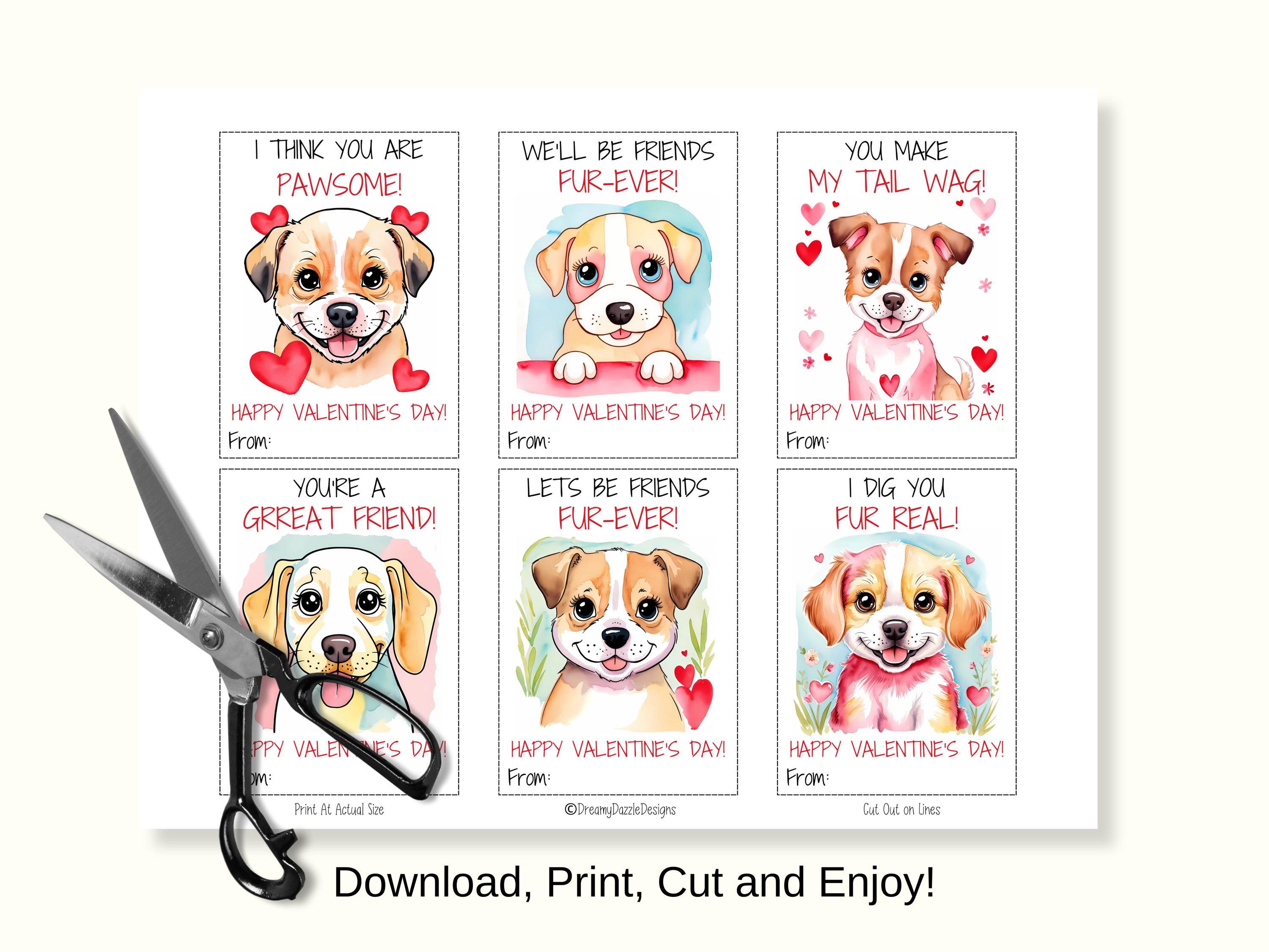 Dog Valentine Cards for Kids, Printable Classroom Valentines, Puppy ...