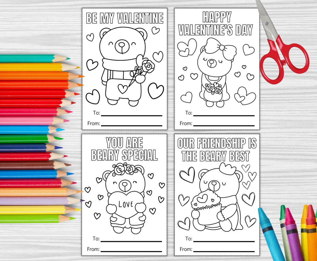 Teddy Bear Coloring Valentine's Day Cards, Printable Valentine's Day Cards, Classroom Valentines ...