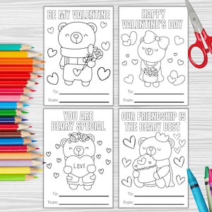 Teddy Bear Coloring Valentine's Day Cards, Printable Valentine's Day Cards, Classroom Valentines Day Cards, Instant Download, Kids Valentine