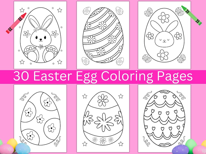 May include: A set of 30 black and white printable Easter egg coloring pages. The pages feature various designs including bunnies, hearts, flowers, and geometric patterns.