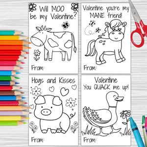 Cartes de Saint-Valentin à colorier avec un animal de la ferme, Cartes de Saint-Valentin imprimables, Cartes de Saint-Valentin pour la classe, Cartes de Saint-Valentin pour enfants à colorier