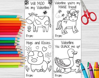 Farm Animal Coloring Valentine's Day Cards, Printable Valentine's Day Cards, Classroom Valentine's Day Cards, Kids Valentine Coloring Cards