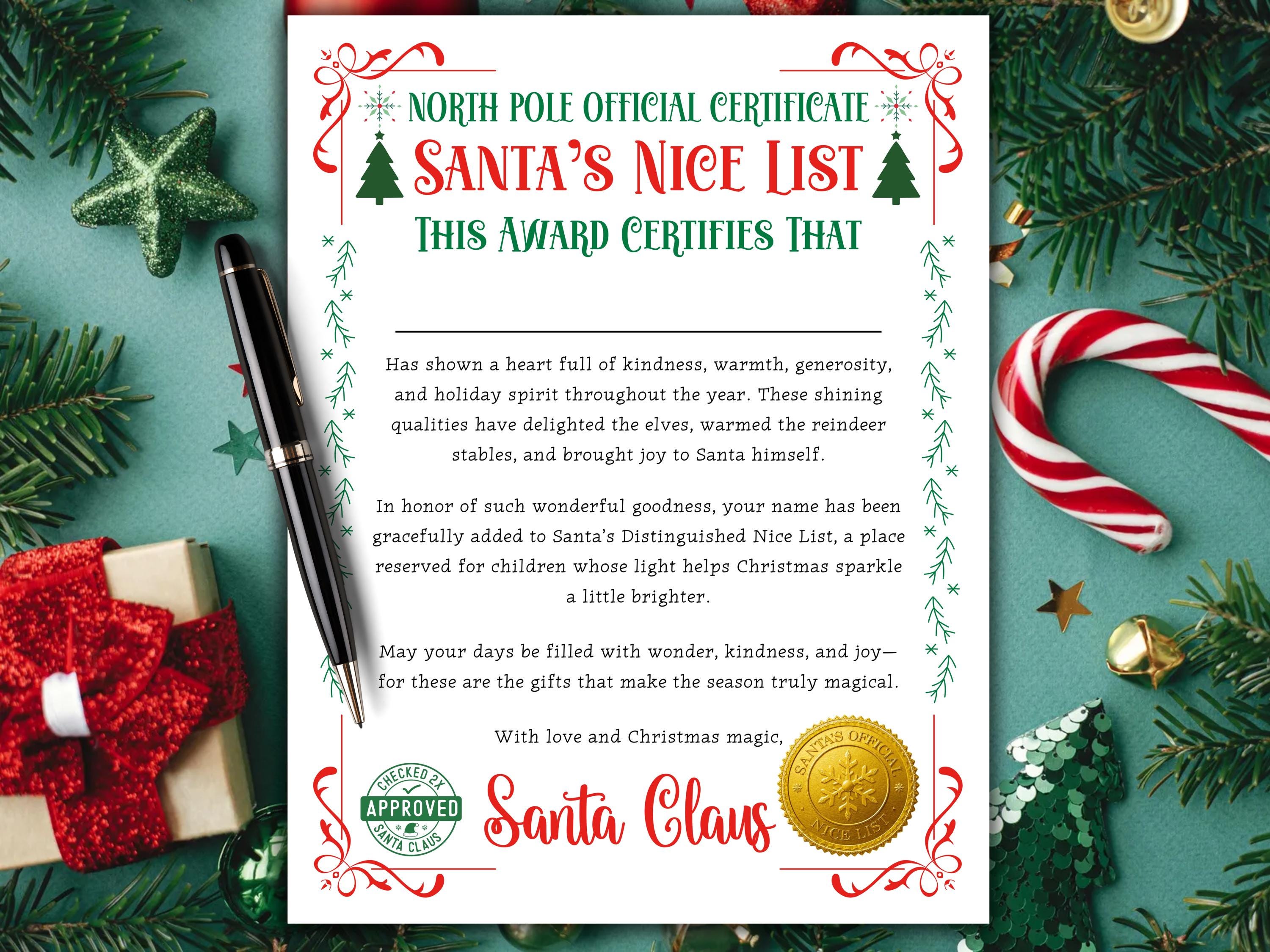 Santa's Nice List Certificate, Printable Letter From Santa Claus, North ...