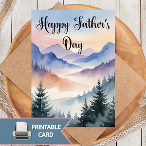 Afdrukbare Vaderdagkaart met aquarel berglandschap, Happy Father's Day natuurkaart, Vaderdagkaarten, Happy Father's Day-kaarten