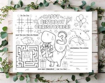 Personalized Dinosaur Birthday Coloring Placemat: Kids Party Activity (PDF Download)
