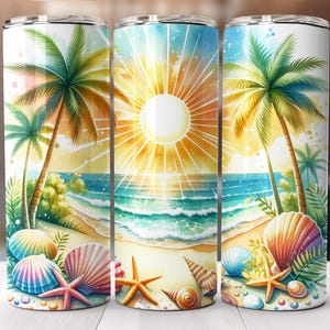 May include: A set of three stainless steel tumblers with a watercolor beach scene. The design features palm trees, a bright sun, seashells, and starfish. The color palette includes shades of blue, yellow, and green, evoking a tropical theme.