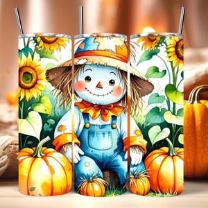 Motif d'automne : épouvantail, citrouilles et tournesols. Design pour gobelet isotherme de 590 ml (20 oz), impression par sublimation (PNG). Téléchargement numérique.