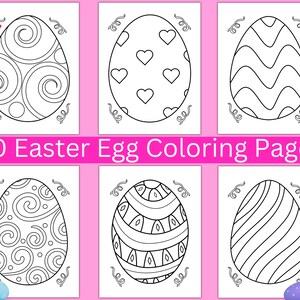 May include: Six black and white Easter egg coloring pages with different patterns. The pages are set against a pink background.  30 Easter Egg Coloring Pages.