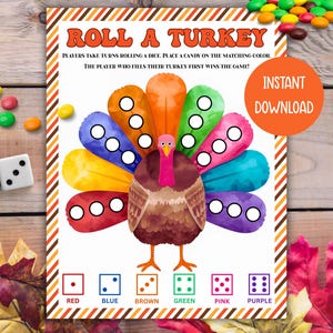 Roll A Turkey Game, Printable Thanksgiving Game, Kids Thanksgiving Classroom Activity, Roll-A-Turkey Dice Game, Thanksgiving Party Games