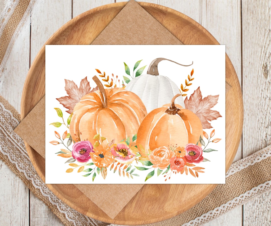Watercolor Fall Pumpkins Card, Autumn Pumpkin Harvest Card, Rustic Fall ...