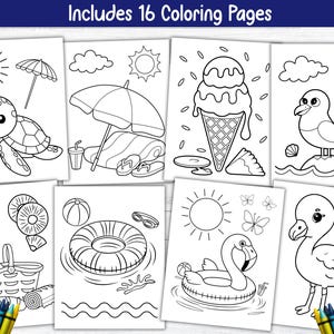 以下が含まれることがあります： 夏のテーマのイラストが描かれた、16ページの塗り絵セット。カメ、アイスクリーム、ビーチの風景、プールにいるフラミンゴなどの画像が含まれています。「Includes 16 Coloring Pages」というテキストが上部にあります。