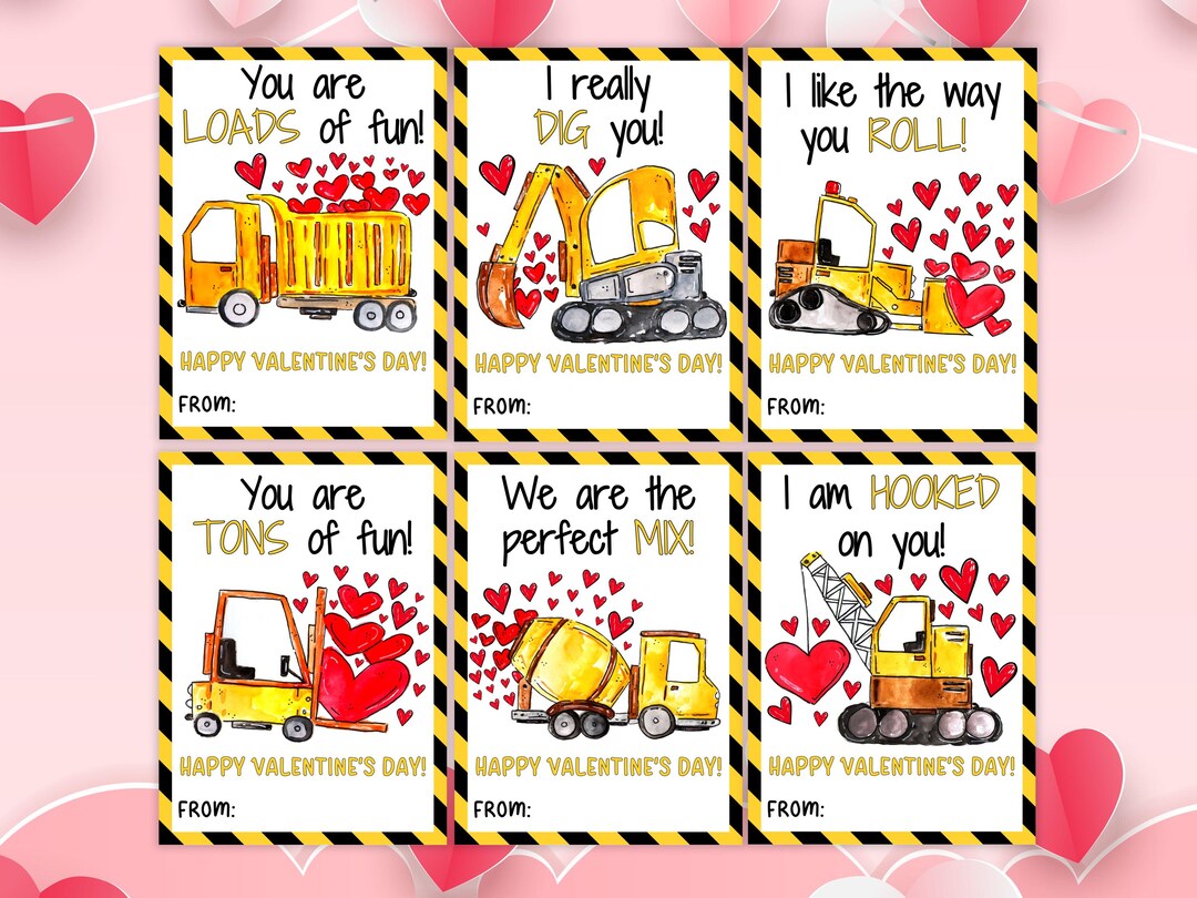 Construction Truck Valentine's Day Cards, Kids Classroom Valentines ...