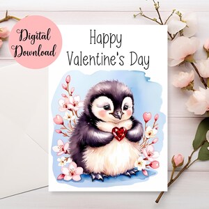 Cute Penguin Valentines Day Card, Printable Valentines Day Card, DIY Valentines, Happy Valentines Day Card, Penguin Card, Class Valentines