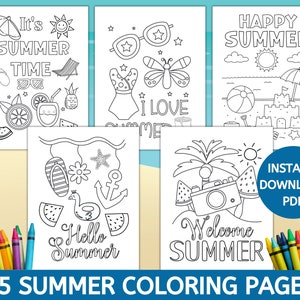 May include: A set of 15 black and white summer-themed coloring pages featuring images of a beach, a beach umbrella, a beach ball, a sandcastle, a watermelon, a camera, a palm tree, a pineapple, a butterfly, sunglasses, flip flops, an anchor, a starfish, a life preserver, and a glass of juice. The text "It's Summer Time", "Happy Summer", "I Love Summer", "Hello Summer", and "Welcome Summer" is included on the pages.