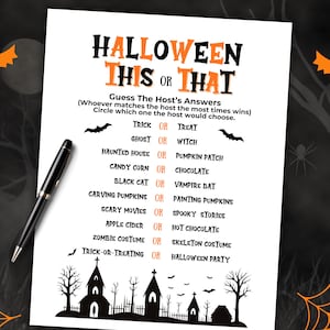May include: A Halloween-themed game sheet titled "Halloween This or That" with a black pen. The game features a list of Halloween-related choices. Orange bats and a spooky silhouette background complete the design.
