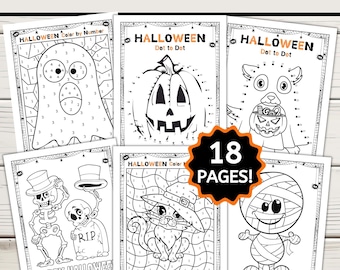 Kids Halloween Activity Bundle, Halloween Coloring Pages, Dot-to-Dot Activity, Color-by-Number Sheets (PDF Printable, 18 Pages)