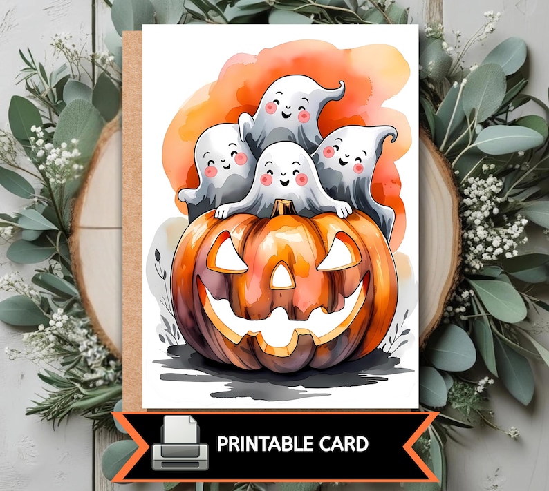 K&ouml;nnte beinhalten: Eine Halloween-Karte zum Ausdrucken mit einem l&auml;chelnden K&uuml;rbis und vier freundlichen Geistern. Die Karte hat ein orange-braunes Farbschema mit dem Text "PRINTABLE CARD" unten.