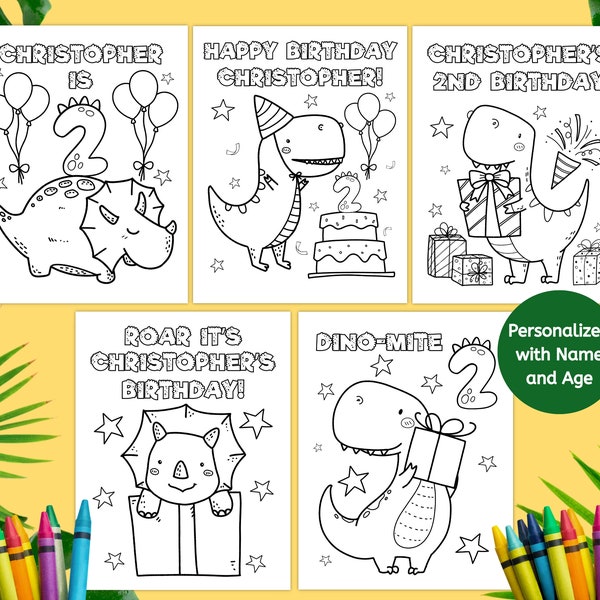 Personalized Dinosaur Birthday Party Coloring Pages, Printable Birthday Coloring Pages, Customizable Dinosaur Coloring Pages for Kids