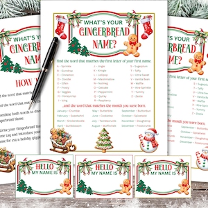 May include: Gingerbread name game printables with festive holiday graphics. Includes sheets with name combinations and name tags. Features gingerbread men, Christmas trees, and stockings. A black pen rests on the sheets.