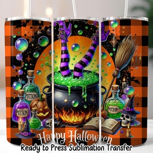 May include: Halloween-themed tumbler featuring a witch's cauldron with bubbling green potion, witch legs, and a broom. The design includes potion bottles, a jack-o'-lantern, and the text "Happy Halloween". The background has an orange and black plaid pattern.