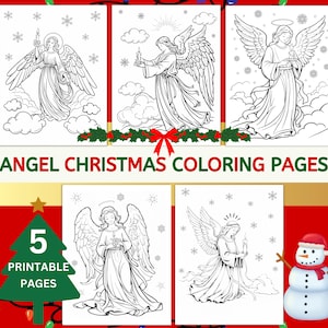 Puede incluir: Cinco páginas para colorear de ángeles navideños imprimibles. Cada página presenta una ilustración detallada de un ángel sosteniendo una vela. Las páginas están rodeadas por un tema navideño rojo y verde con un muñeco de nieve y luces.