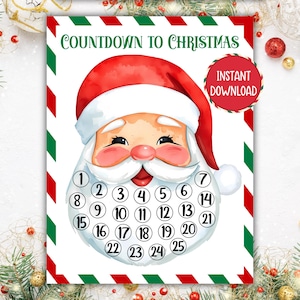Nedräkning till julkalender för barn med tomtemotiv, utskrivbar nedräkningskalender för tomteskägg, bomullstuss adventskalender för tomtemotiv i PDF-format