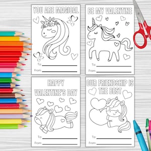 Biglietti di San Valentino da colorare con unicorno, biglietti di San Valentino stampabili, biglietti di San Valentino per la classe, biglietti di San Valentino per bambini