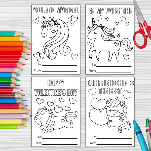 Unicorn Coloring Valentine's Day Cards, Printable Valentine's Day Cards, Classroom Valentine's Day Cards, Kids Valentines Cards