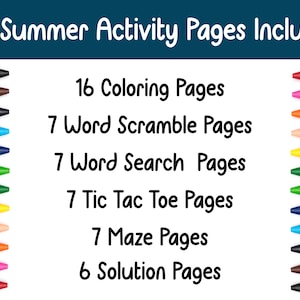 以下が含まれることがあります： 「50 Summer Activity Pages Include:」というテキストが入った夏の活動ブックの画像。この本には、16 ページぬりえ、7 ページワードスクランブル、7 ページワードサーチ、7 ページ Tic Tac Toe、7 ページ迷路、6 ページ解答が含まれています。