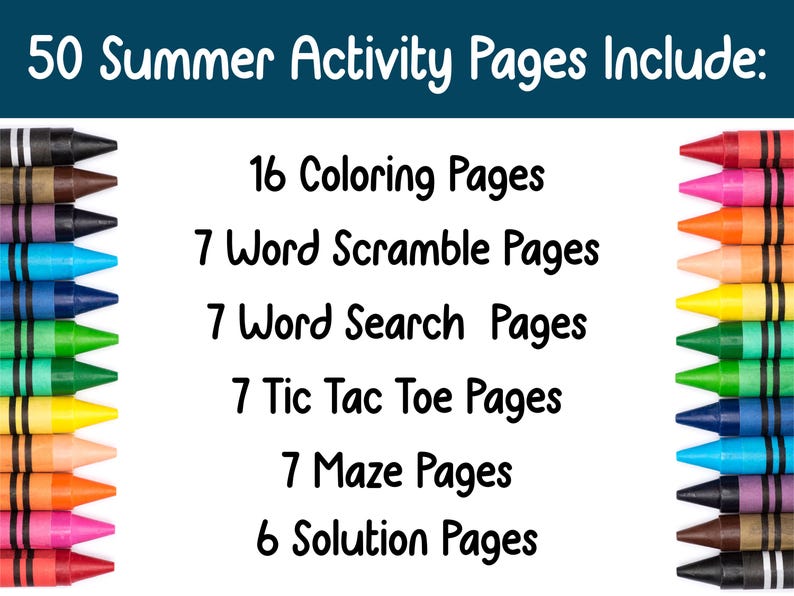 以下が含まれることがあります： 「50 Summer Activity Pages Include:」というテキストが入った夏の活動ブックの画像。この本には、16 ページぬりえ、7 ページワードスクランブル、7 ページワードサーチ、7 ページ Tic Tac Toe、7 ページ迷路、6 ページ解答が含まれています。