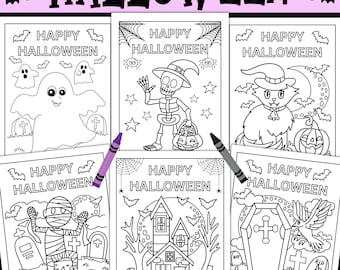 Puede incluir: Páginas para colorear con temática de Halloween en blanco y negro para niños. Las páginas presentan varias ilustraciones espeluznantes, incluyendo fantasmas, esqueletos, gatos, momias, casas embrujadas y ataúdes. El texto "HAPPY HALLOWEEN" se muestra en cada página.