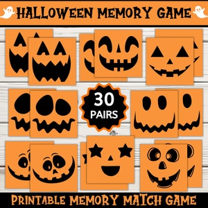 May include: A printable Halloween memory match game with 30 pairs of orange pumpkin faces with different expressions. The game is designed for kids and adults to play.