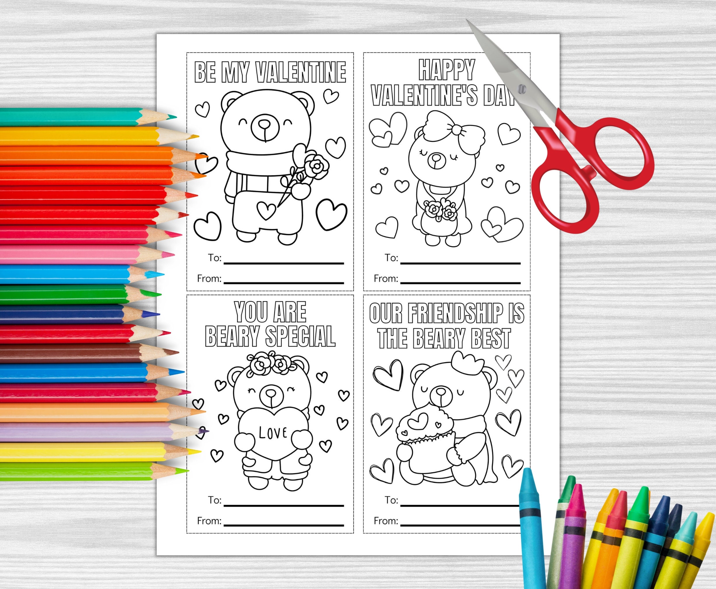 Teddy Bear Coloring Valentine's Day Cards, Printable Valentine's Day Cards, Classroom Valentines ...