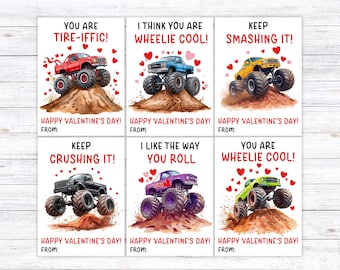 Monster Truck Valentine Cards for Kids. Printable Classroom Valentines, Kids DIY Valentine Cards, Boys Valentine Cards, Digital Download