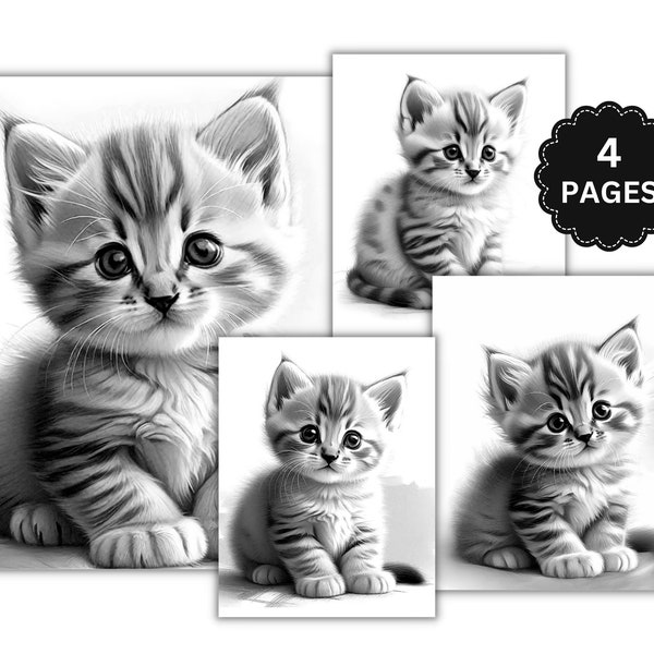 Cute Kittens Coloring Pages, Printable Kitten Coloring Pages, Cat Coloring Pages, Instant Download, Grayscale Kitten Coloring Pages