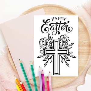 Joyeuses Pâques à colorier carte imprimable, carte croix de Pâques pour enfants, bricolage cartes de Pâques, téléchargement immédiat, imprimable couleur vos propres cartes de Pâques