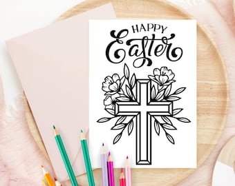 Happy Easter Coloring Card Printable, Kids Easter Cross Card, DIY Easter Cards, Instant Download, Printable Color Your Own Easter Cards