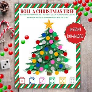 May include: A Christmas-themed game board with a green Christmas tree decorated with colorful lights. The text "ROLL A CHRISTMAS TREE" is at the top, with instructions below. A red circle with "INSTANT DOWNLOAD" is on the right. Candy and a dice are on the left.